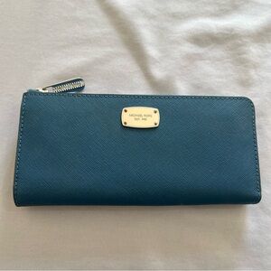 Michael Kors Heritage Blue Leather “L” Zip Wallet with Silver Trim